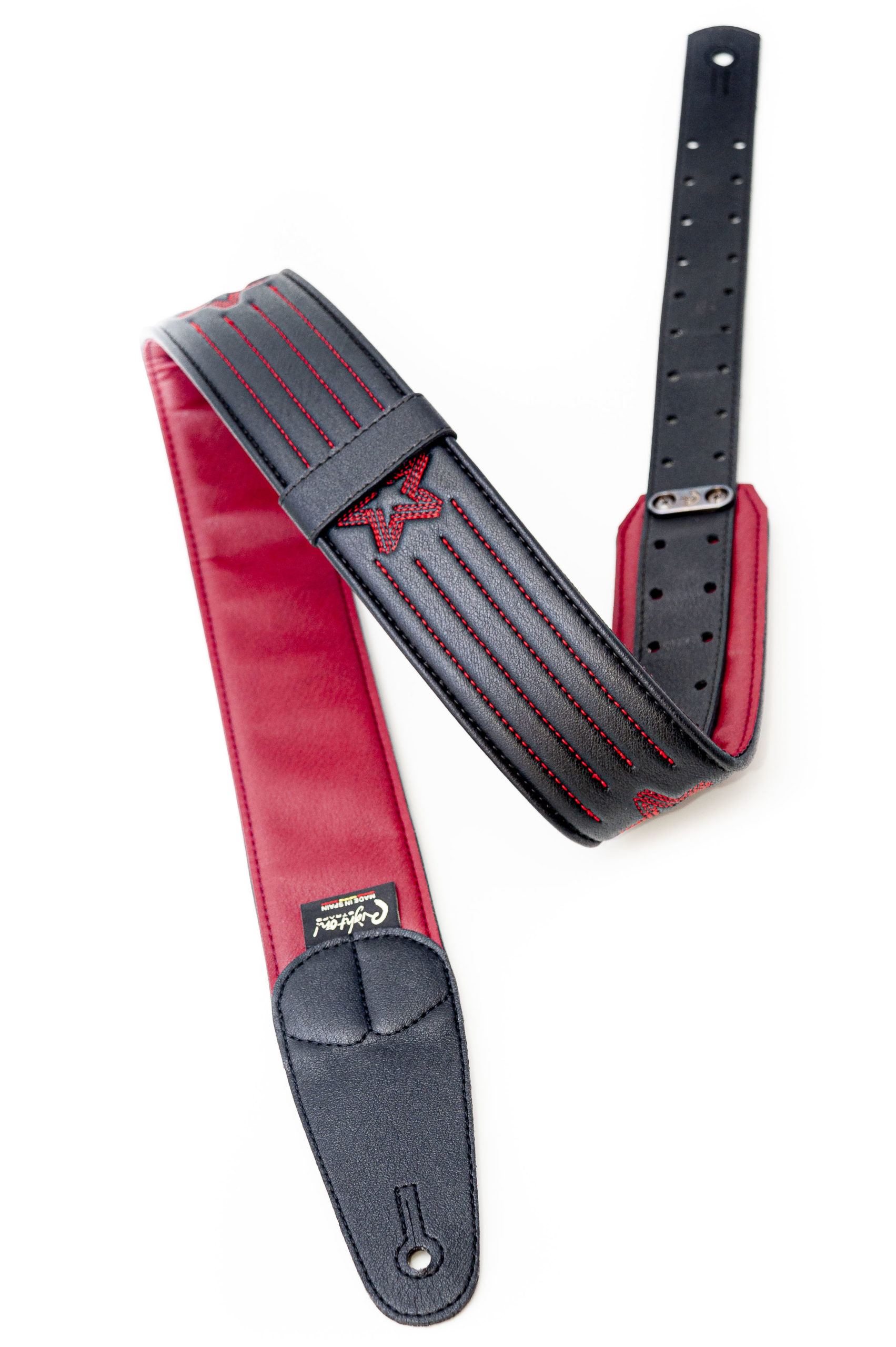 Star Guitar Strap - Black / Red Stitch - Image 2