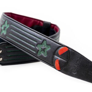 Star Guitar Strap - Black / Green Stitch