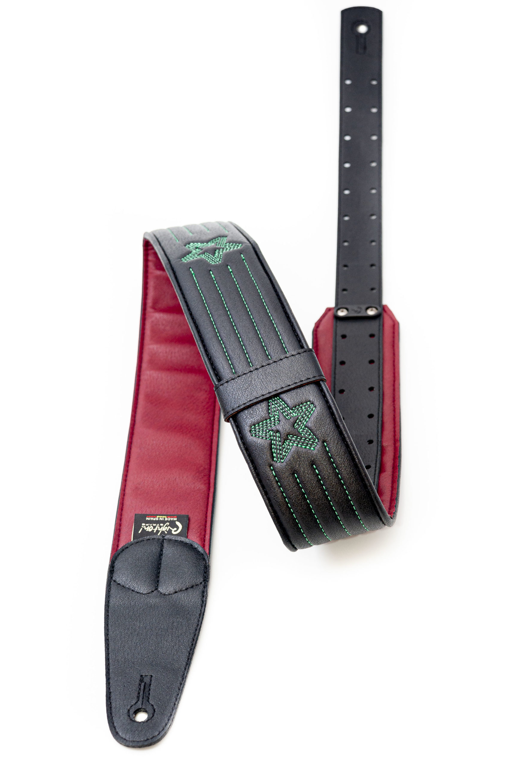 Star Guitar Strap - Black / Green Stitch - Image 2