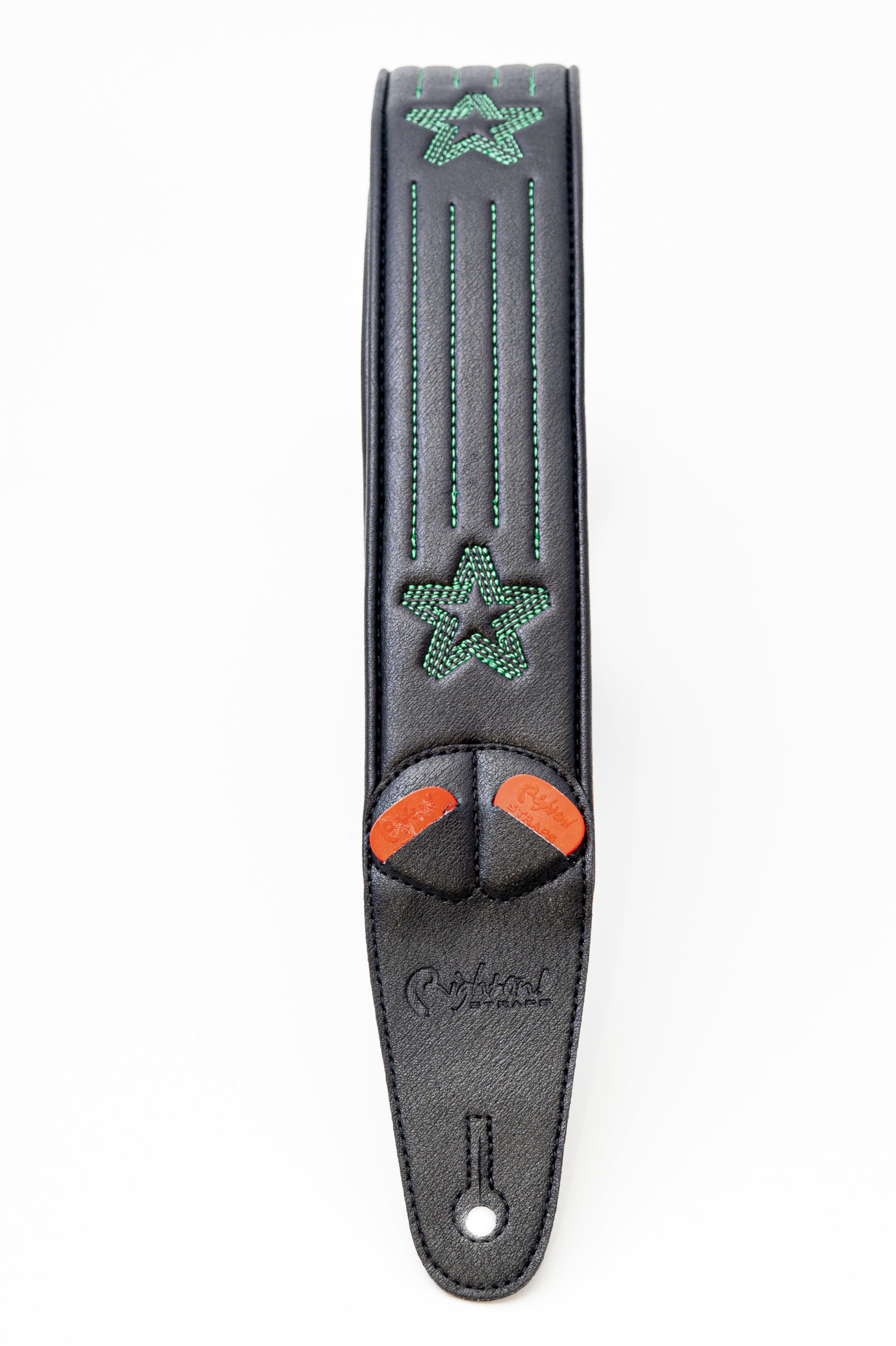 Star Guitar Strap - Black / Green Stitch - Image 3