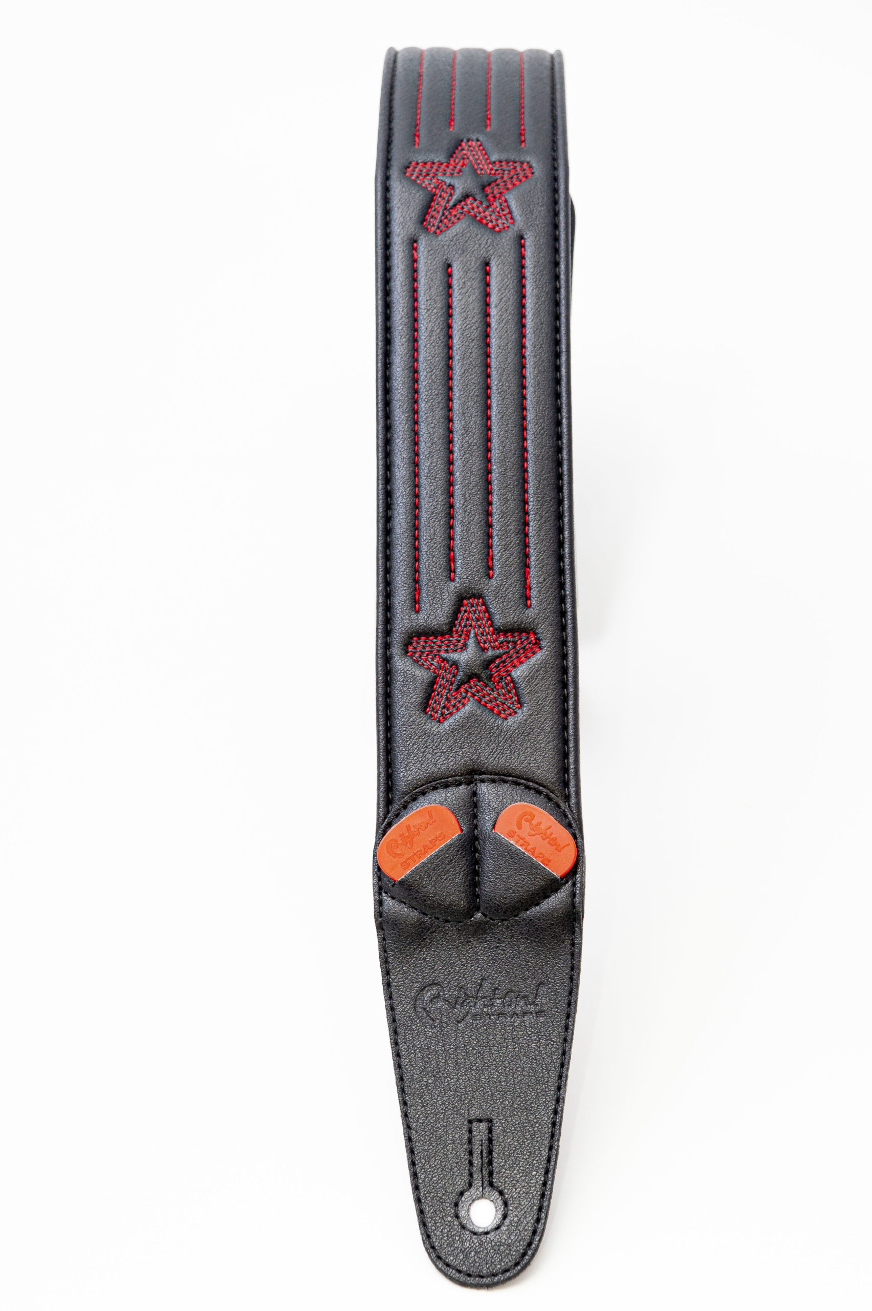 Star Guitar Strap - Black / Red Stitch - Image 3