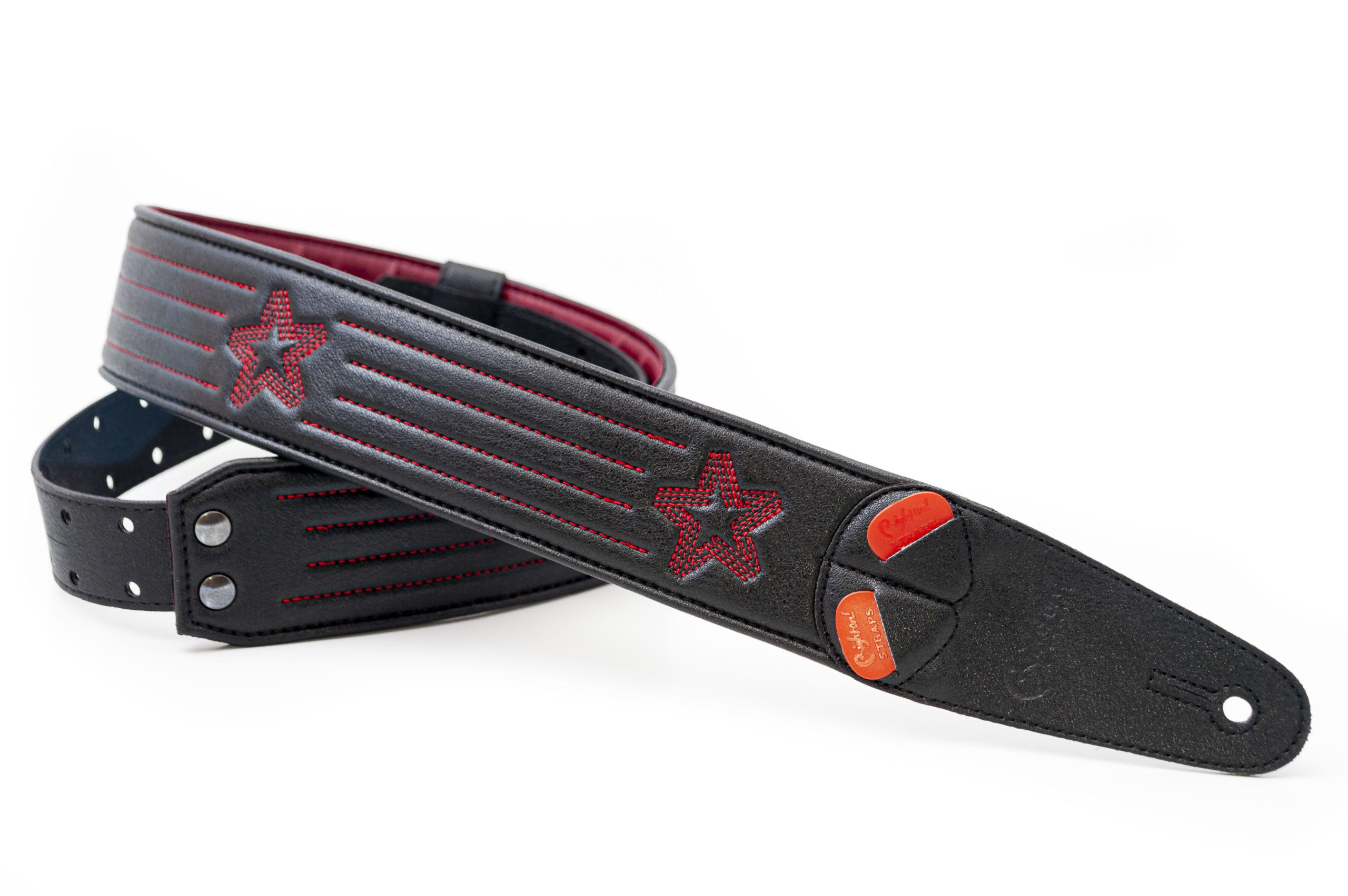 Star Guitar Strap - Black / Red Stitch