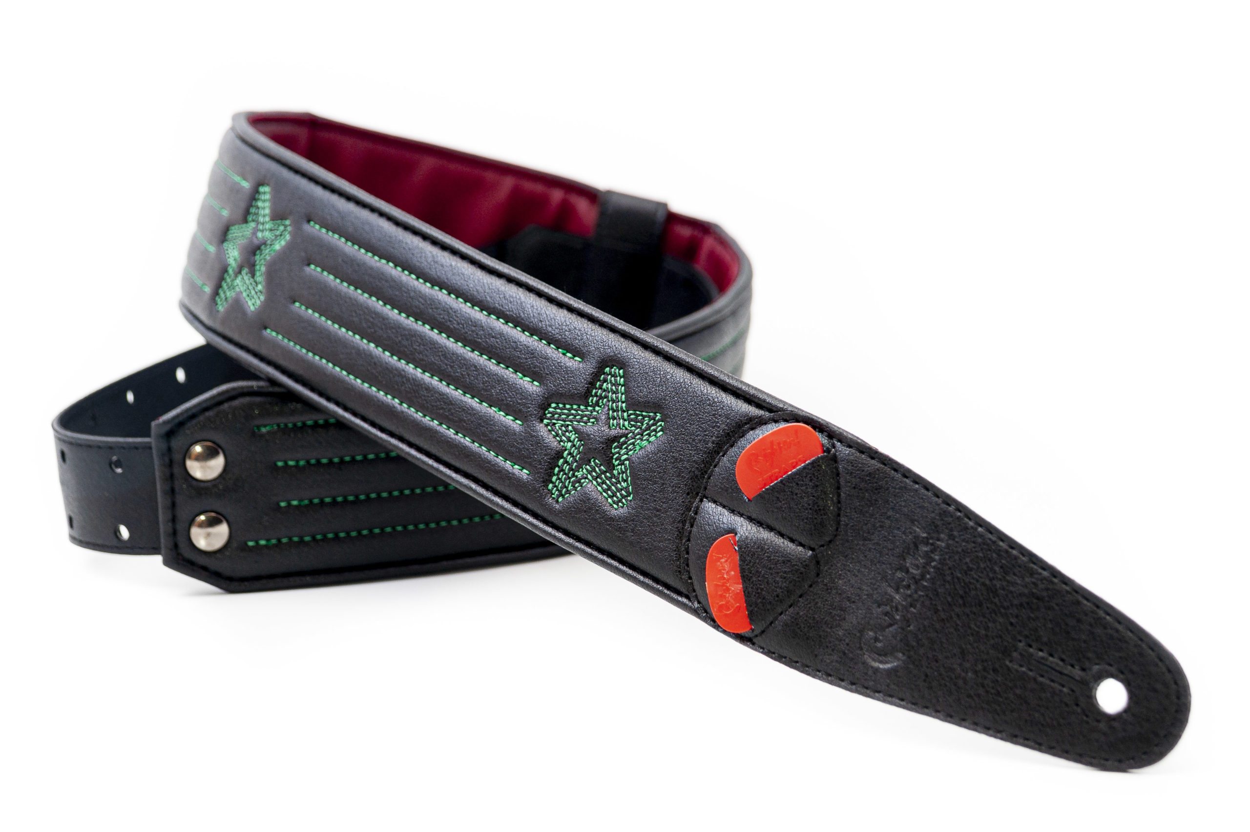 Star Guitar Strap - Black / Green Stitch