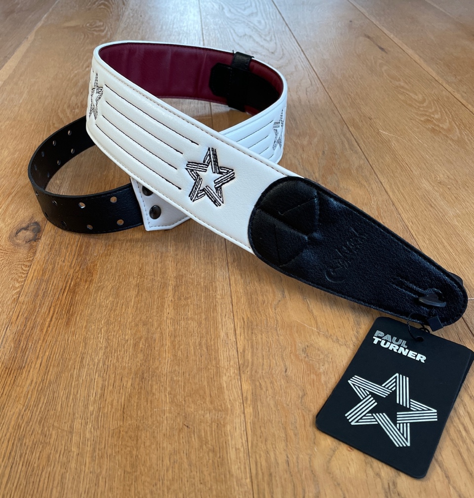 Star Guitar Strap - White / Black Stitch - Image 2