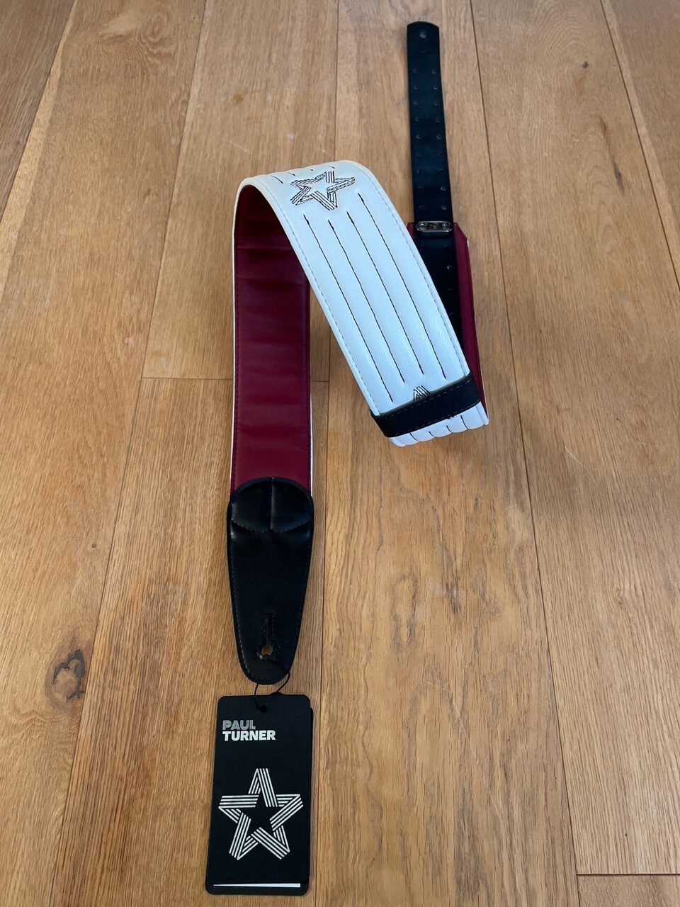 Star Guitar Strap - White / Black Stitch - Image 3