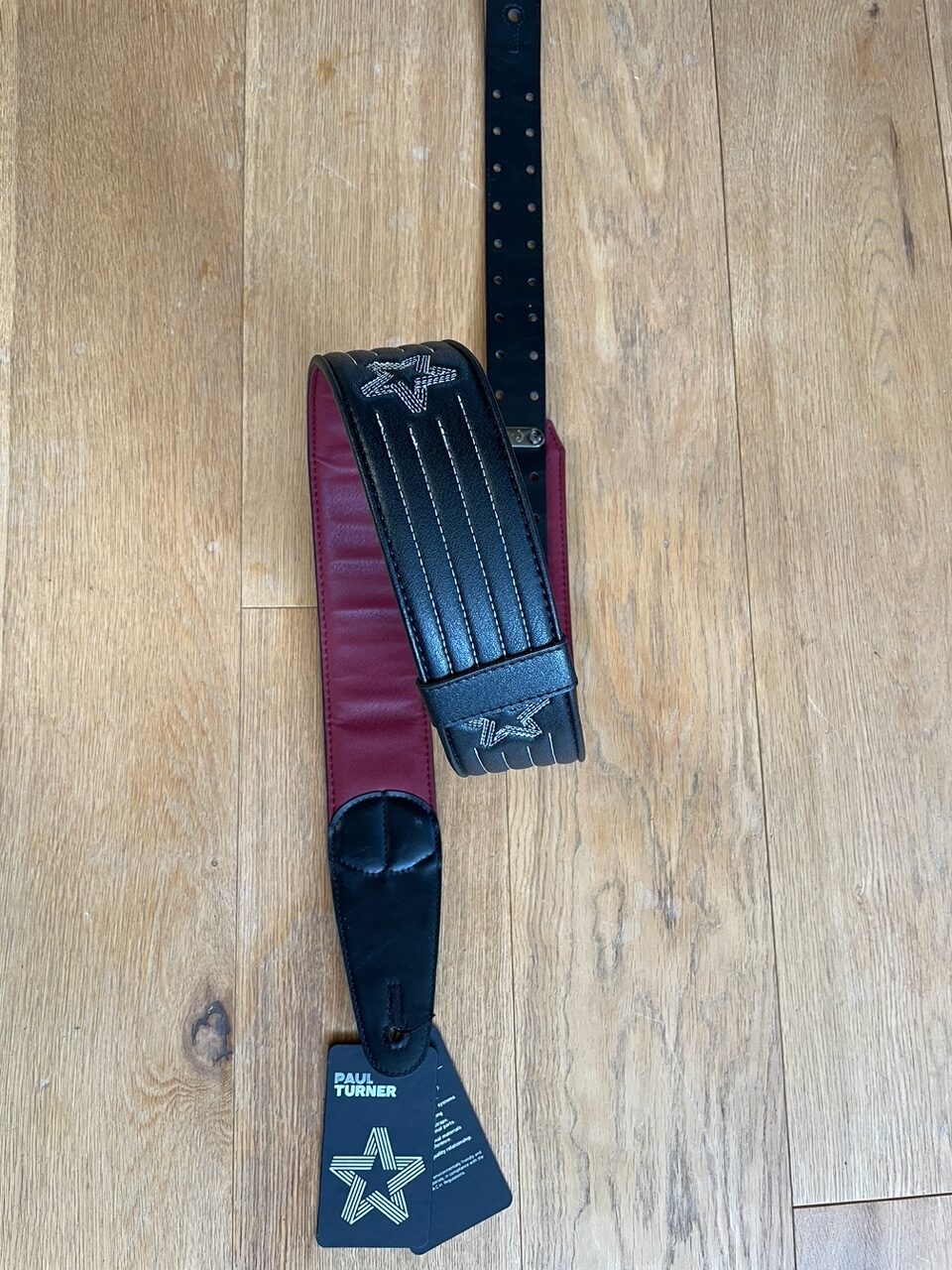 Star Guitar Strap - Black / White Stitch - Image 2