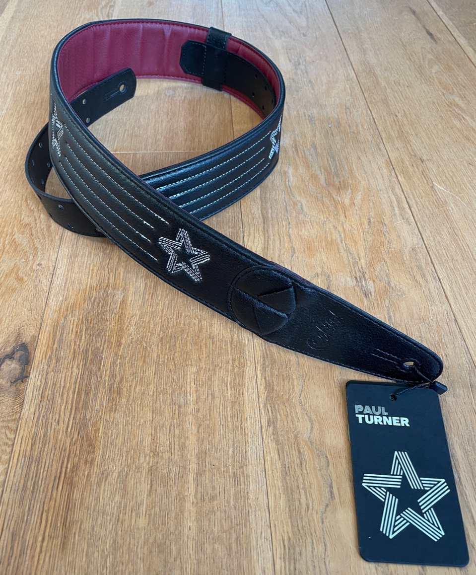 Star Guitar Strap - Black / White Stitch - Image 3